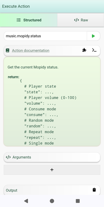 Screenshot of the Platypush execute tab showing some available actions for
the music.mopidy
plugin